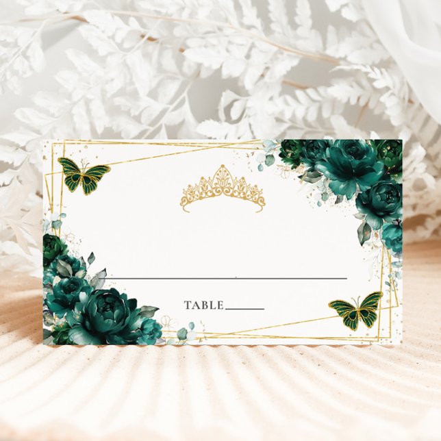 Carte De Placement Vert émeraude floral Quinceañera 16e anniversaire (Créateur téléchargé)