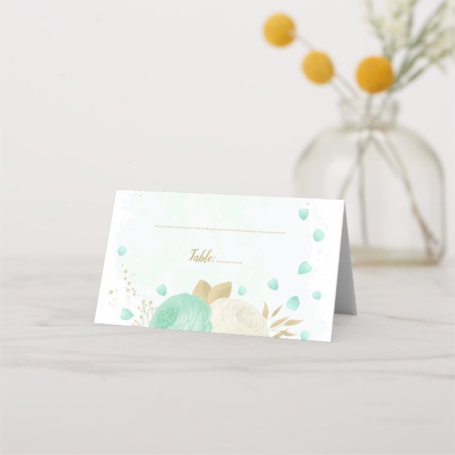 Carte De Placement vert menthe & fleurs blanches or botanique mariage (Devant)