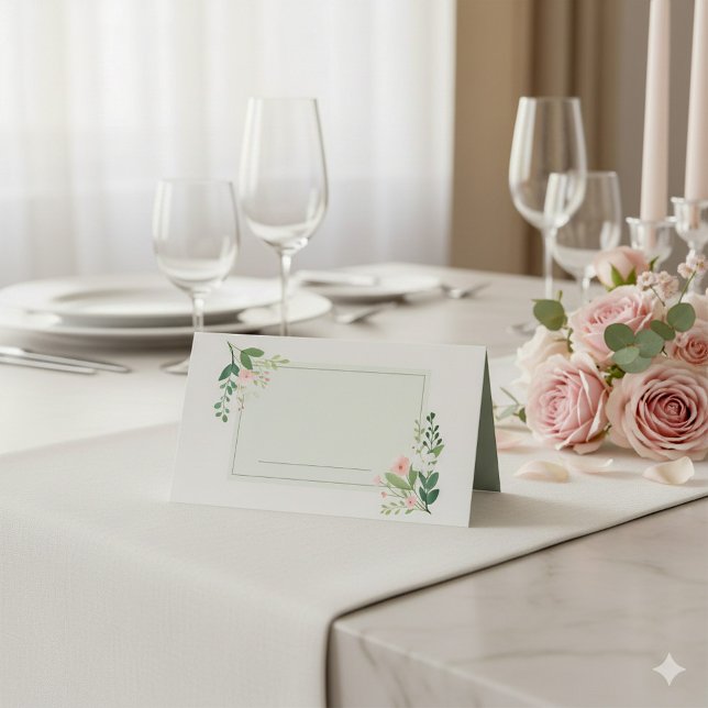 Carte De Placement Vert rose doux Nom floral Carte Place (Pretty soft green flowery border wedding table name place card.)