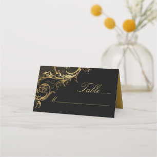 Carte De Placement Vintage Black Gold Floral Mariage damassé