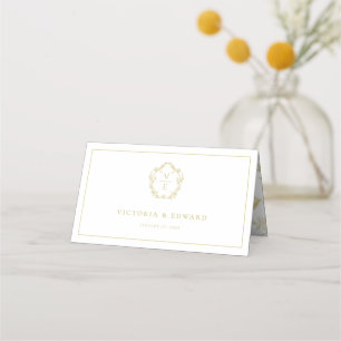 Carte De Placement Vintage or Floral Crest Monogramme Mariage