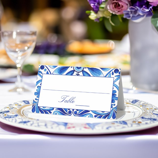 Carte De Placement Vintage Talavera Azulejo carreaux bleu mariage (Vintage Talavera Azulejo blue tiles wedding reception Place Card Balkan folk art elegant place cards)