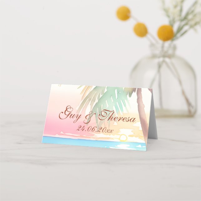 Carte De Placement Watercolor Mariage de plage tropicale (Devant)