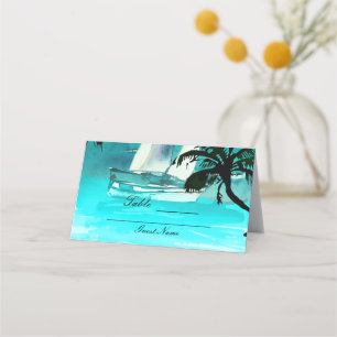 Carte De Placement Watercolor Sailboat Palm Trees String Lights Table