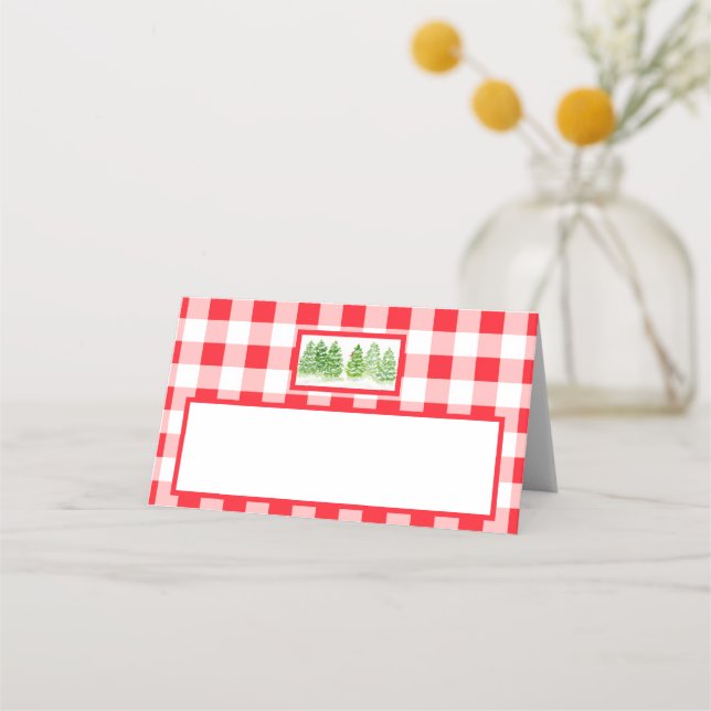 Carte De Placement Watercolor Winter Trees Red Gingham Check  (Devant)