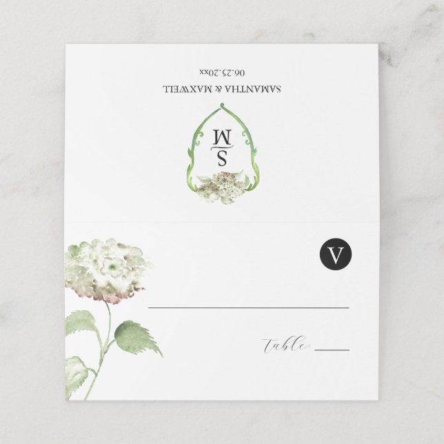 Carte De Placement Wedding Monogram Hydrangea Escort Cards (Extérieur déplié)