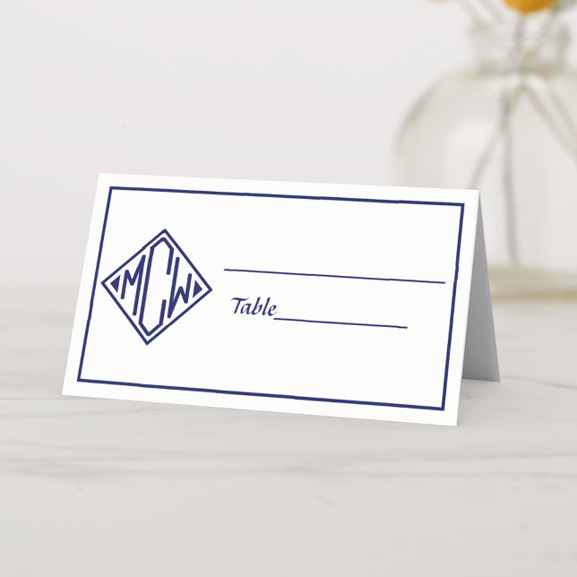Carte De Placement White Navy Blue Diamond Monogram Font DIY BG #2 (Créateur téléchargé)