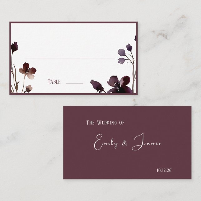 Carte De Placement Wine Red Plum Mauve Fall Floral Wedding (Devant / Derrière)