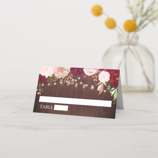 Carte De Placement Wood Mason Jar Burgundy Numéro de table Mariage (Devant)