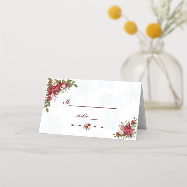 Carte De Placement Xmas Snowflakes Poinsettia Mariage Numéro de table (Devant)