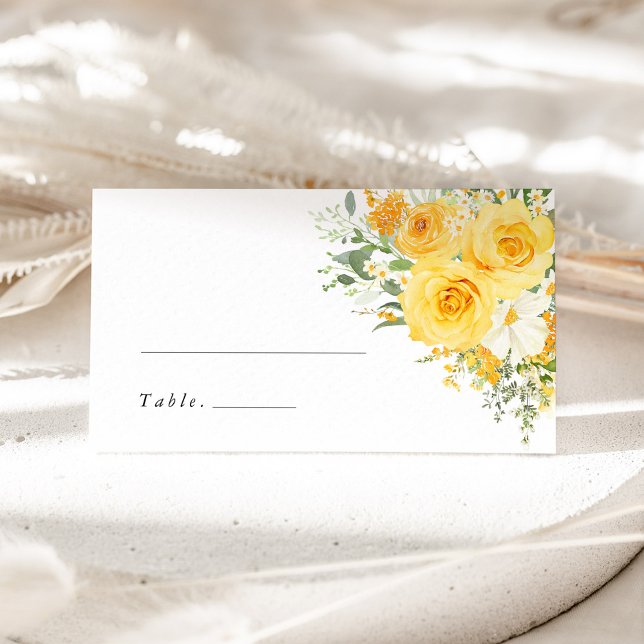 Carte De Placement Yellow Floral Rose Wedding Name Place Card (Yellow rose wedding place card, watercolor floral escort card, elegant romantic reception name card)
