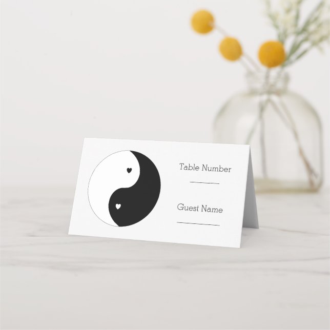Carte De Placement Yin Yang Mariage des Coeurs Noir et Blanc (Devant)