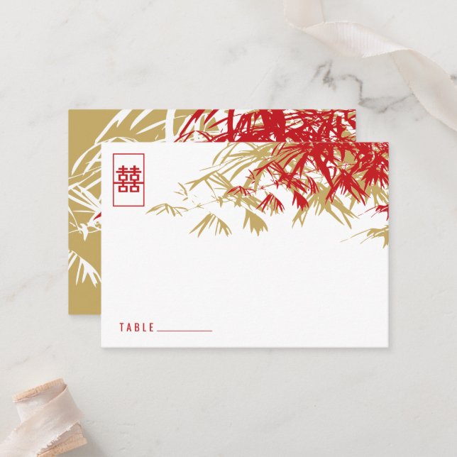 Carte De Placement Zen Bamboo Feuille double bonheur Mariage chinois (Devant/Arrière en situation)