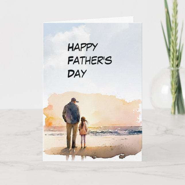 Carte de plage coucher de soleil papa et fille (Devant)