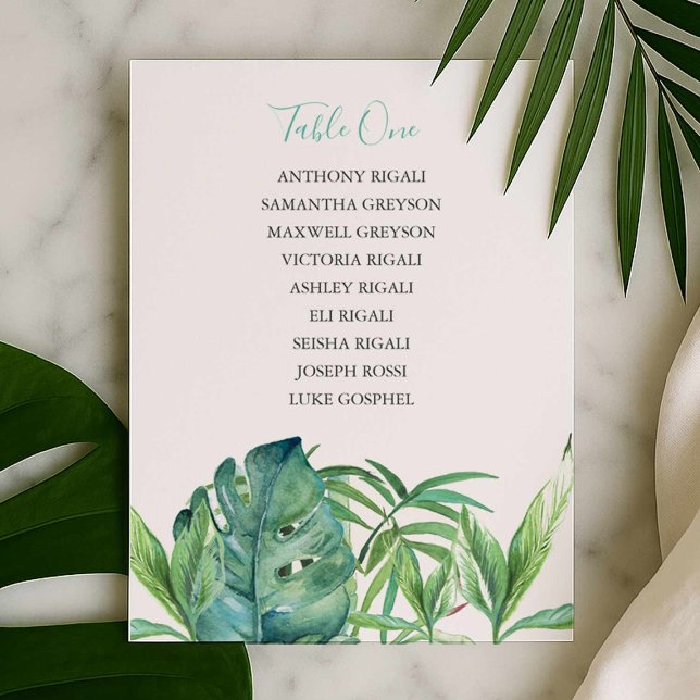 Carte de plan de la réception de mariage tropical (Wedding seating chart features watercolor tropical leaves by Victoria Grigaliunas of Do Tell A Belle)