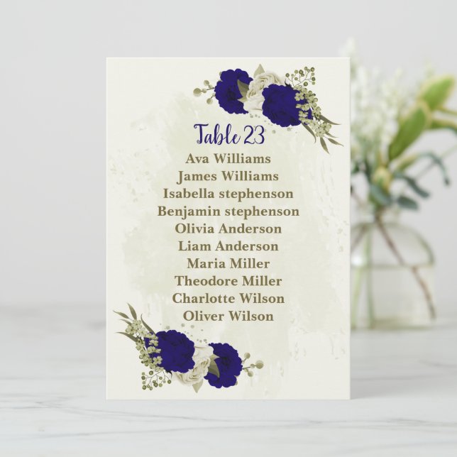 Carte de plan de sièges florale bleu royal beige (Debout devant)