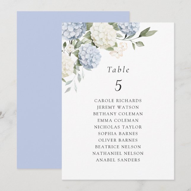 Carte de plan de table à fleurs d'hortensia bleue (Devant / Derrière)