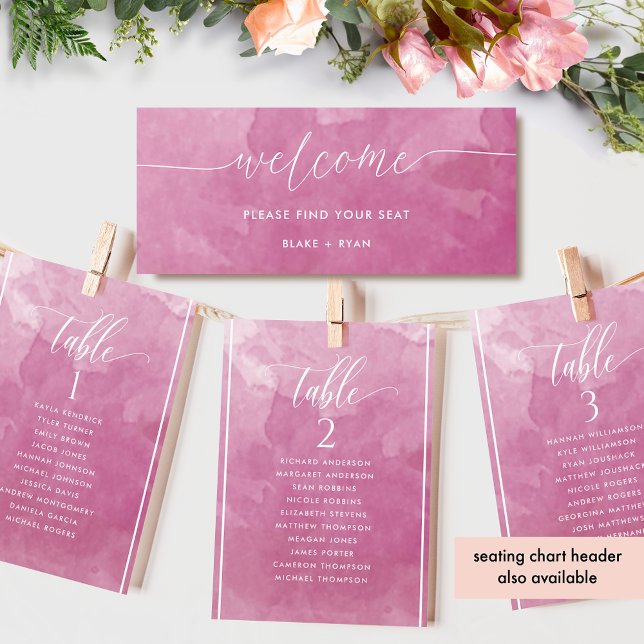Carte de plan de table à l'aquarelle rose avec nom (Créateur téléchargé)