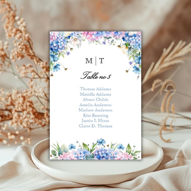 Carte de plan de table à monogramme Hydrangea Bleu (Créateur téléchargé)