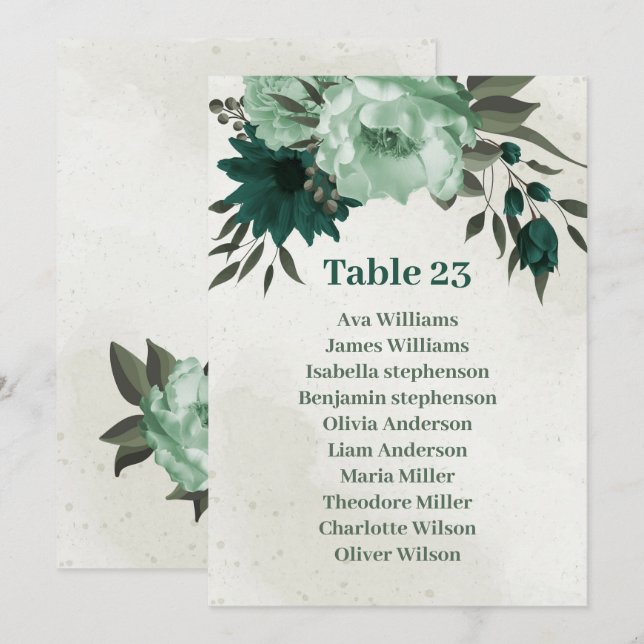 carte de plan de table de fleurs vert émeraude (Devant / Derrière)