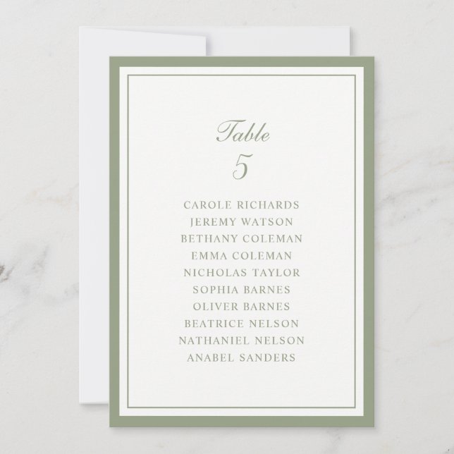 Carte de plan de table de mariage à cadre vert sau (Devant)