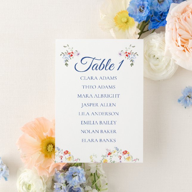 Carte de plan de table de mariage à fleurs bleues  (Créateur téléchargé)