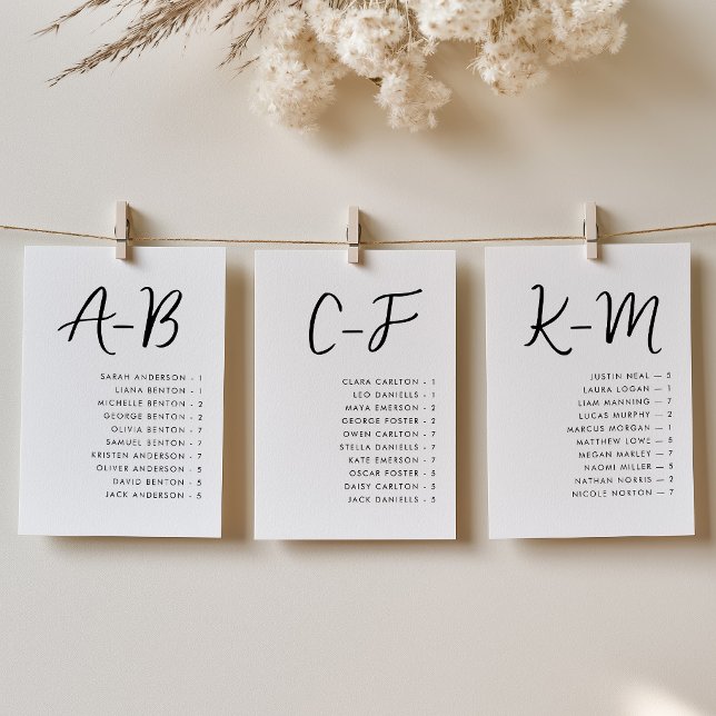 Carte de plan de table de mariage alphabétique min (Elegant ABC Alphabetical Wedding Guest List Chart)