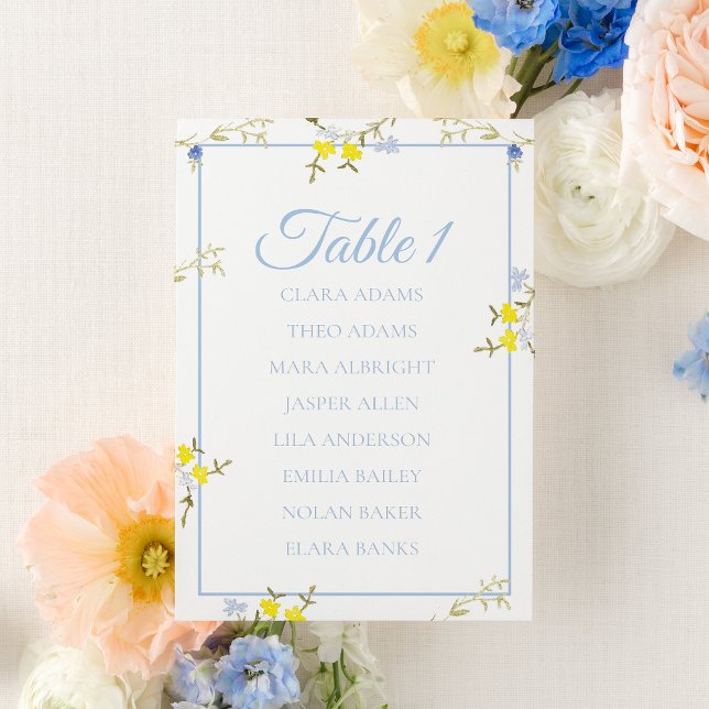 Carte de plan de table de mariage bleu et jaune fl (Créateur téléchargé)