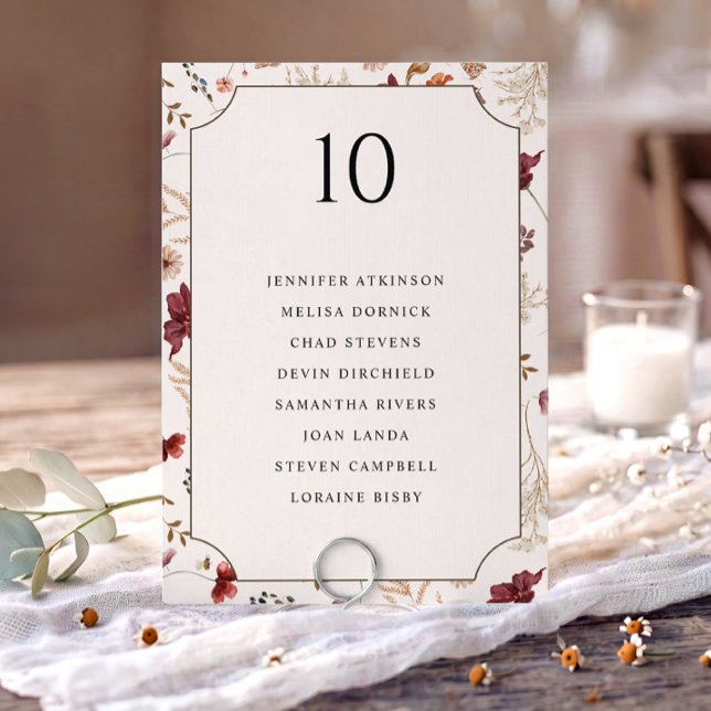 Carte de plan de table de mariage élégante aux fle (Fall wedding seating chart card with table number, guest names and watercolor wildflower border)