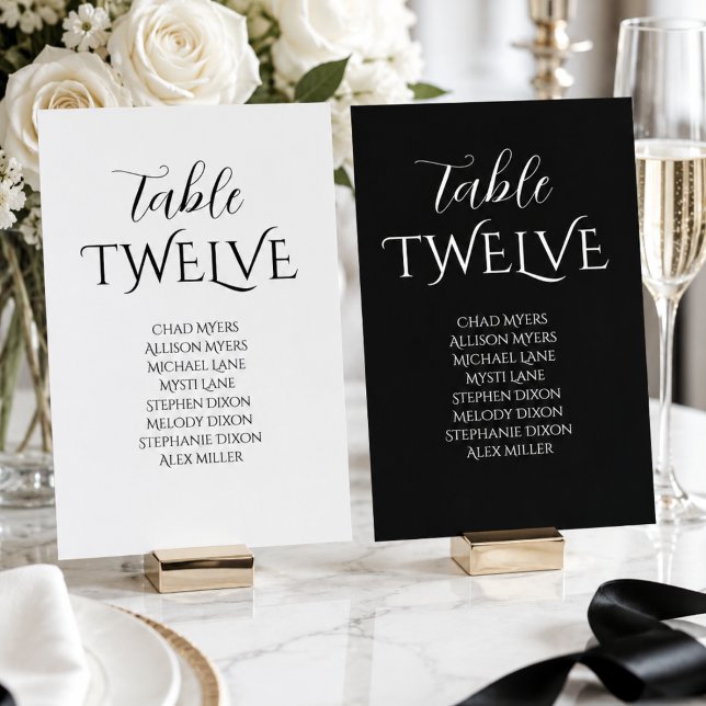 Carte de plan de table de mariage élégante noir bl (Créateur téléchargé)
