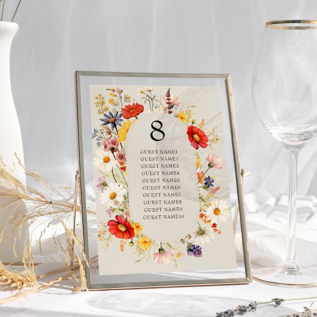 Carte de plan de table de mariage floral à fleurs  (Table Seating Card from the Rustic Wildflower Wedding Collection by Darling & May)