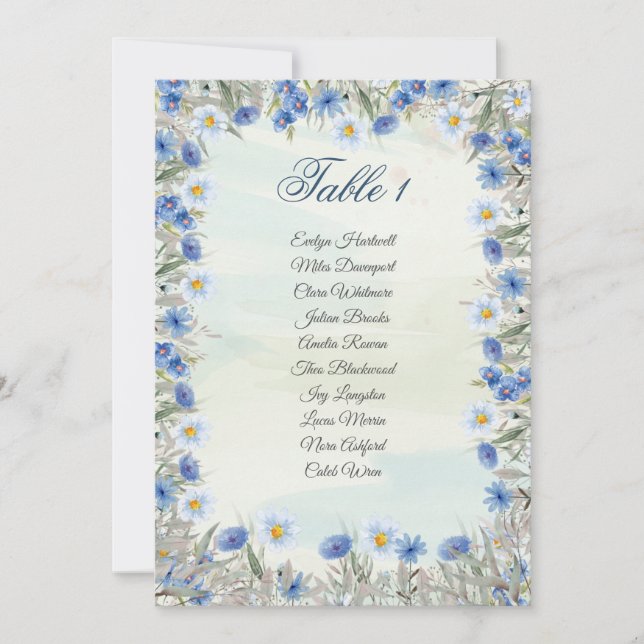 Carte de plan de table de mariage floral bleu élég (Devant)