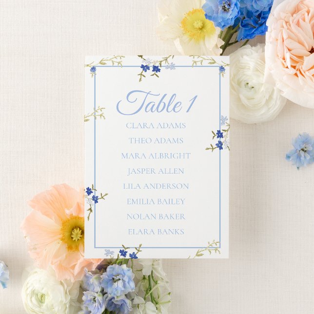 Carte de plan de table de mariage floral bleu et g (Créateur téléchargé)