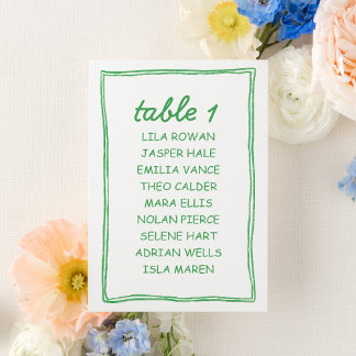 Carte de plan de table de mariage gribouillée vert