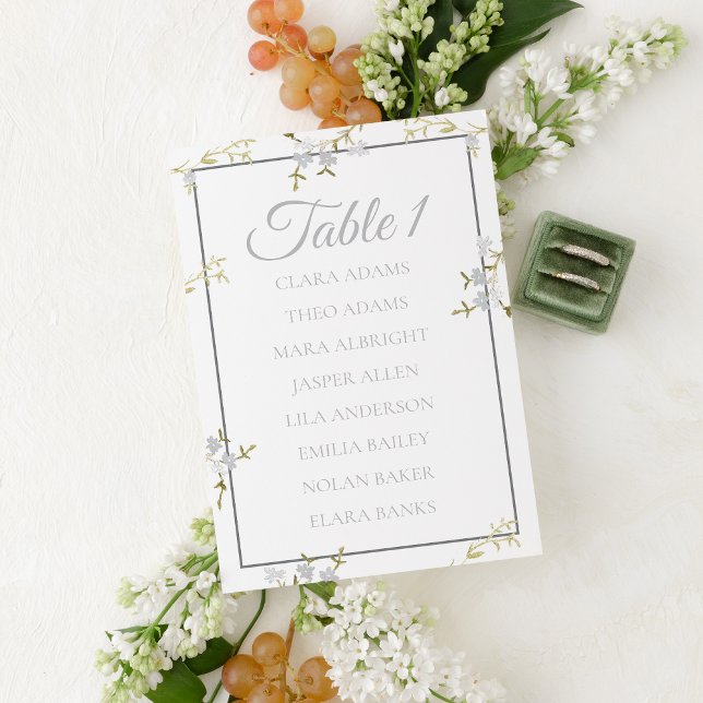 Carte de plan de table de mariage gris floral élég (Créateur téléchargé)