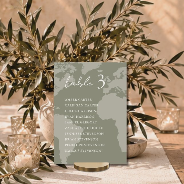 Carte de plan de table de mariage moderne verte (Modern Minimalist Green Map Wedding Table Seating Chart Card with ivory typography and script)