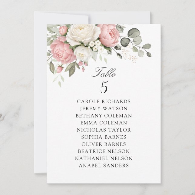 Carte de plan de table de mariage rose pâle floral (Devant)