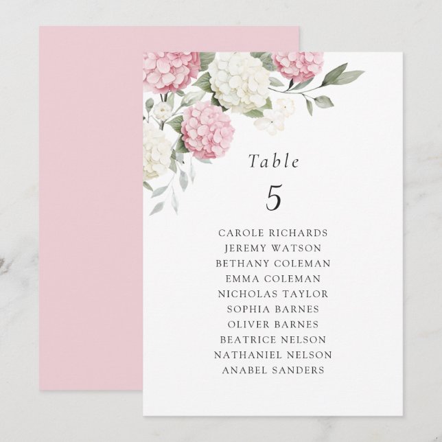 Carte de plan de table d'hortensia rose floral (Devant / Derrière)