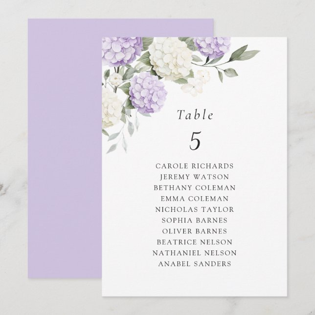 Carte de plan de table d'hortensia violet floral (Devant / Derrière)