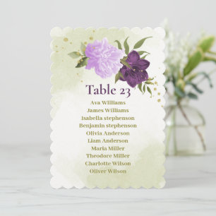 carte de plan de table fleurs violettes feuilles v