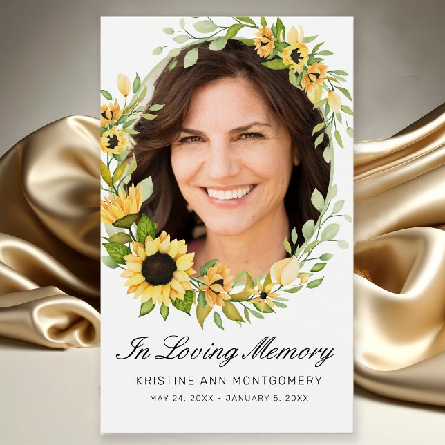 Carte de poésie à script noir de tournesol Sympath (Elegant Yellow Sunflower Photo In Loving Memory Memorial Funeral Card with Poem)