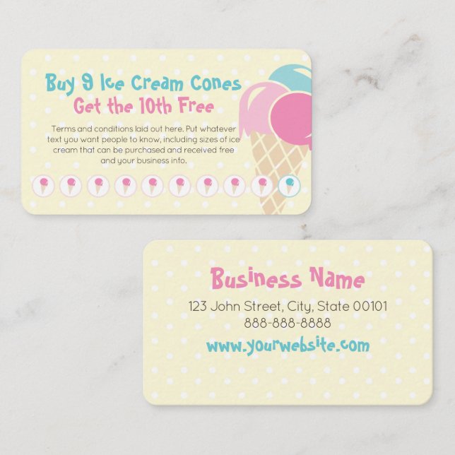 Carte de poinçon fidélité crème glacée - Acheter 9 (Devant / Derrière)