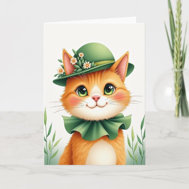Carte de portrait de chat roux avec chapeau melon (Devant)