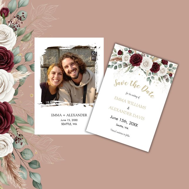 Carte de Préavis de Mariage Fleurale avec Reflet D (Burgundy Blush Floral Gold Wedding Save the Date)