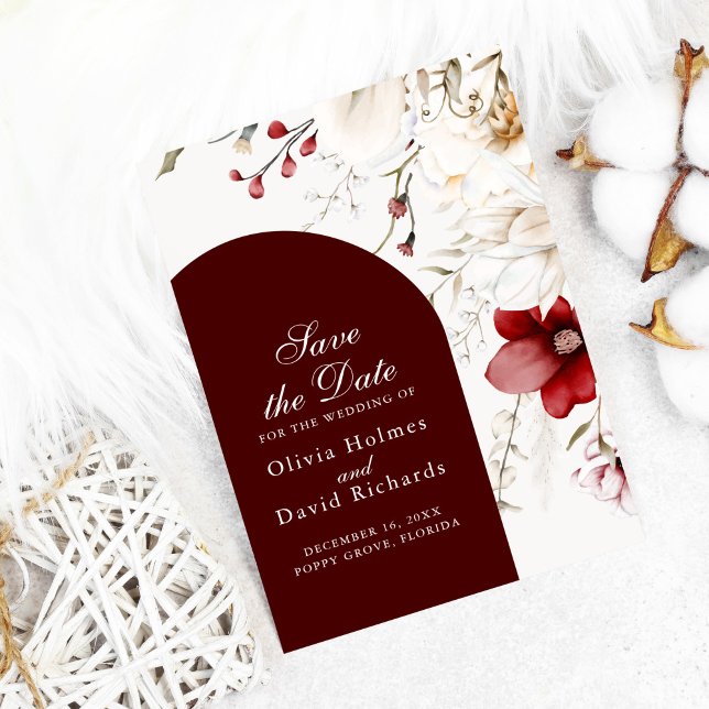 Carte de Préavis d'Élégance d'Hiver de Bourgogne (Dark Burgundy floral Save the Date Card on white cozy background)