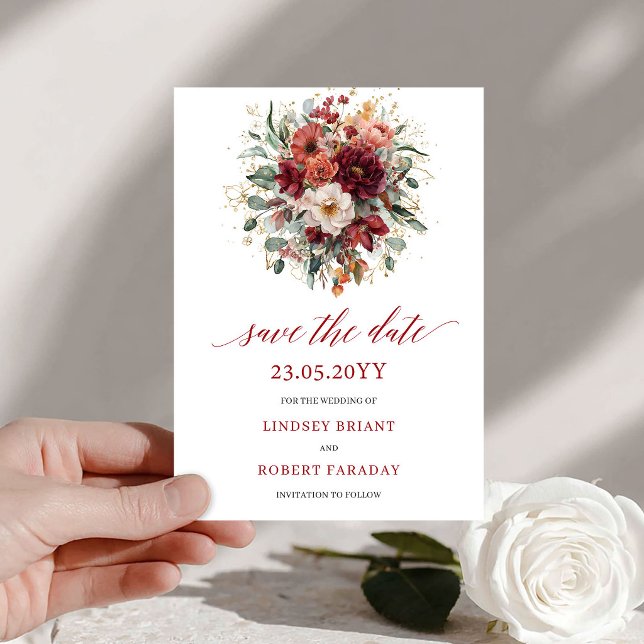 Carte de Préavis Florale Bourgogne Automne Or (Floral Burgundy Autumn Gold Save The Date Card

)