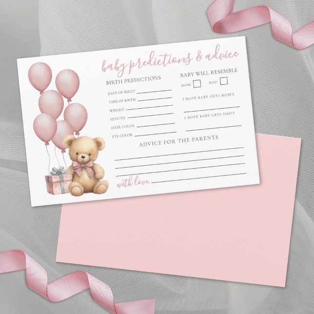 Carte de prédiction de Baby shower de l'ours rose (Baby Shower Advice Predictions Card)