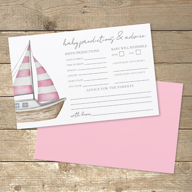 Carte de prédiction de Baby shower Nautique rose (Pink Nautical Baby Shower Advice Predictions Card)