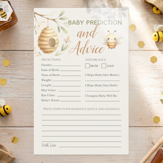 Carte de prédiction et de conseils bébé il ou elle (Baby Prediction and Advice Baby Shower Game. He or She? What Will Baby Bee? Gender Reveal)