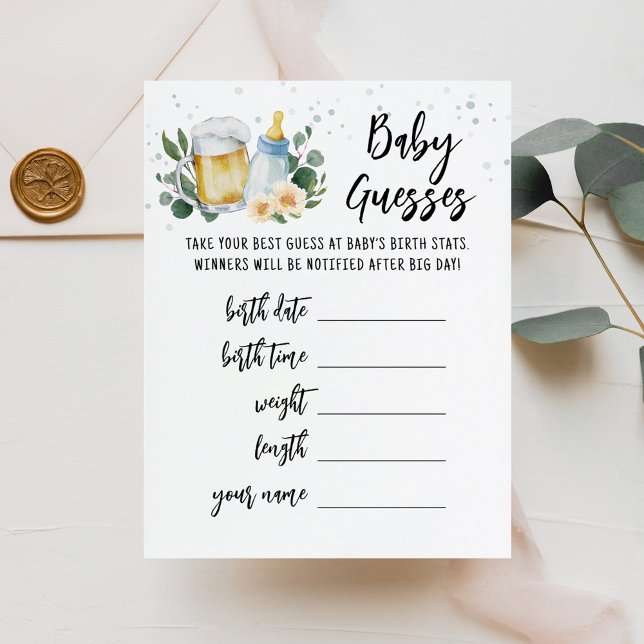 carte de prédictions de bébé à deviner Bébé est en (Beer and Floral Baby is Brewing Baby Shower Baby Guesses Game Card)